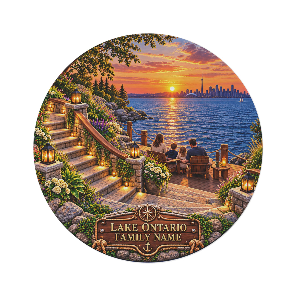 Personalized Lake Ontario Family Round Rug – Printed 3D Staircase Illusion, Custom Family Name