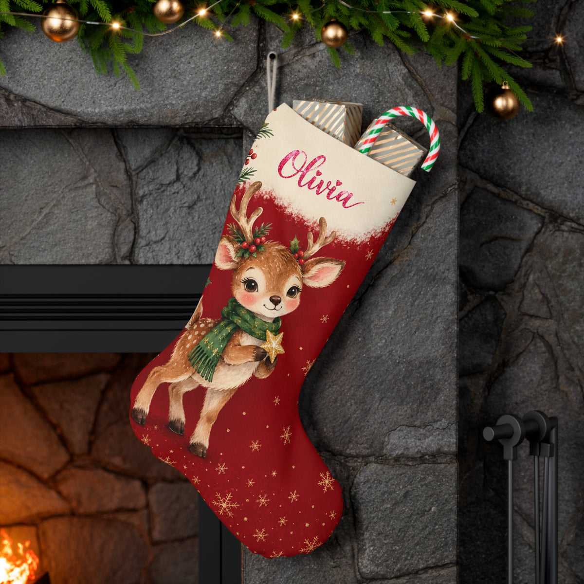 Personalized Reindeer Christmas Stocking — Name & Colored Printed Glitter