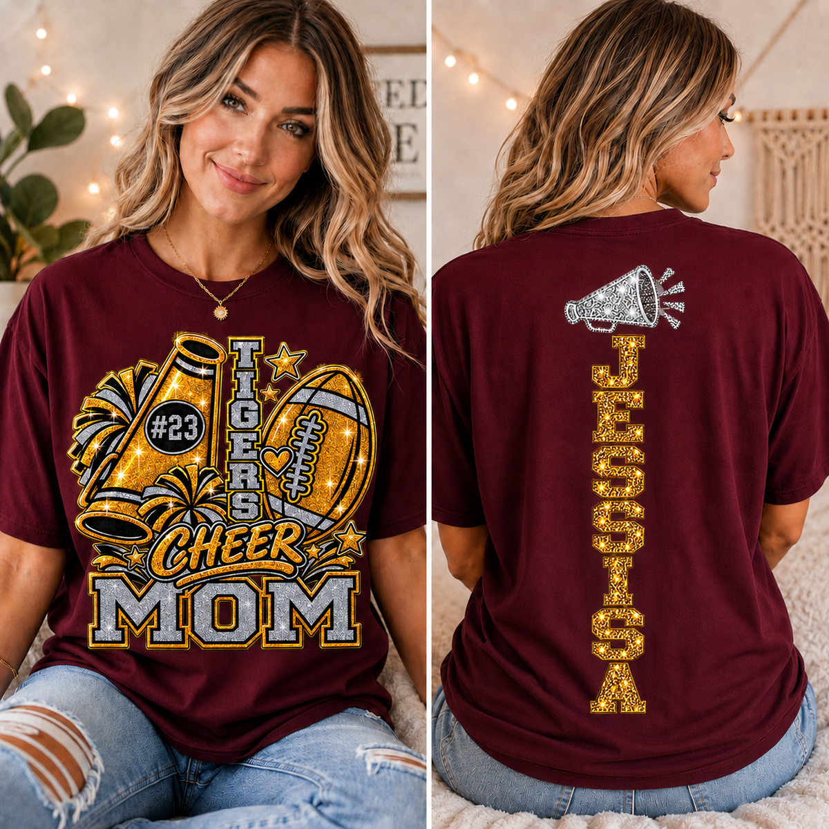 Personalized Cheer Mom Shirt, Football Mom Game Day Tee, Custom Player Name & Number, Glitter Effect Front Back Team Spirit Gift