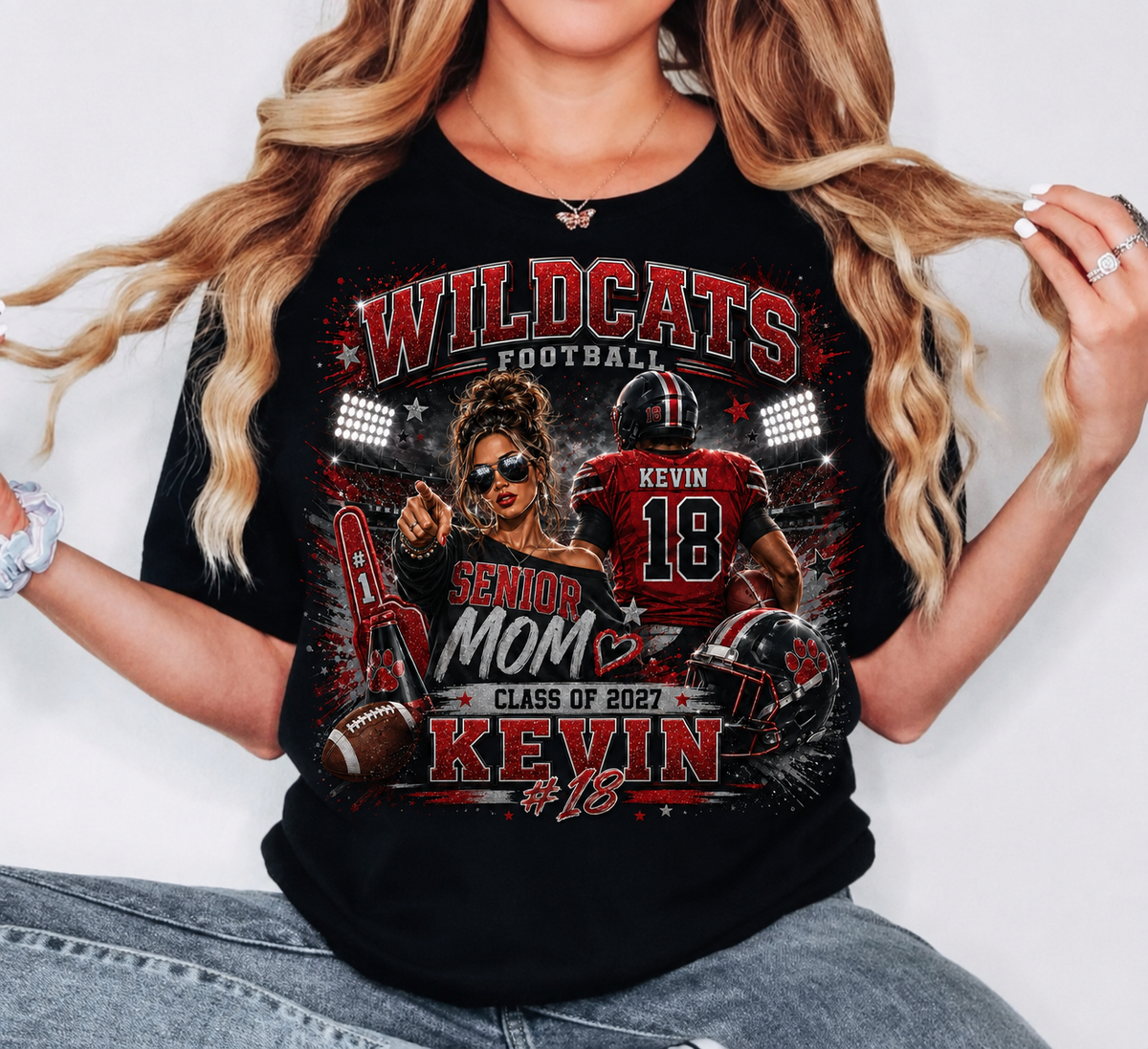 Personalized Football Senior Mom Shirt Front and Back, Game Day Mom Tee, Custom Player Name Number, Class of 2027, Glitter Effect