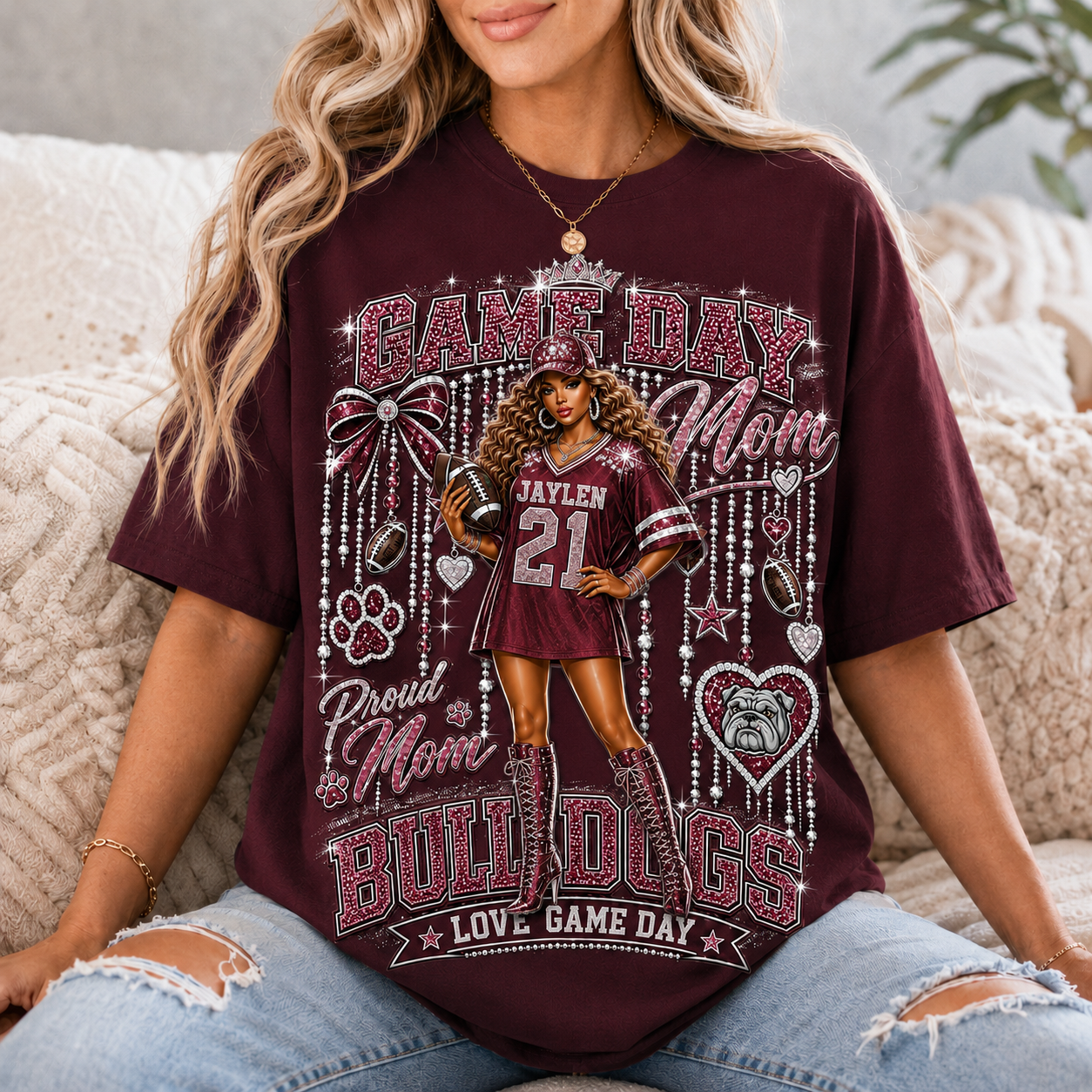 Personalized Game Day Mom Shirt, Custom Football Mom Tee, Player Name Number Team Shirt, Glitter Effect Proud Mom Gift