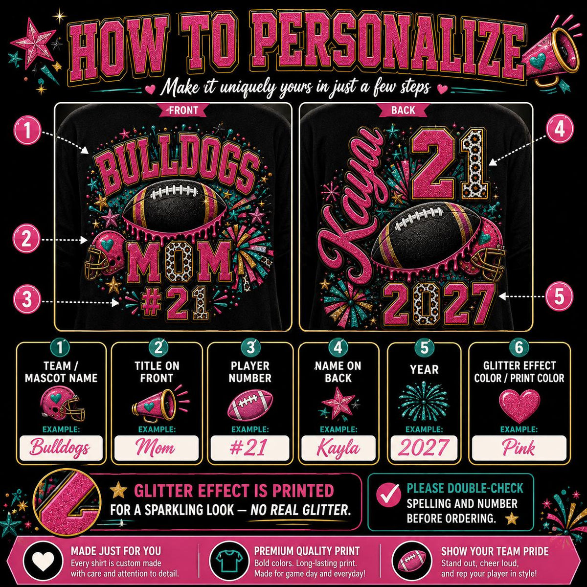 Personalized Football Mom Shirt, Custom Player Name Number, Game Day Glitter Effect Tee, Senior Mom 2027, Front Back Football Shirt