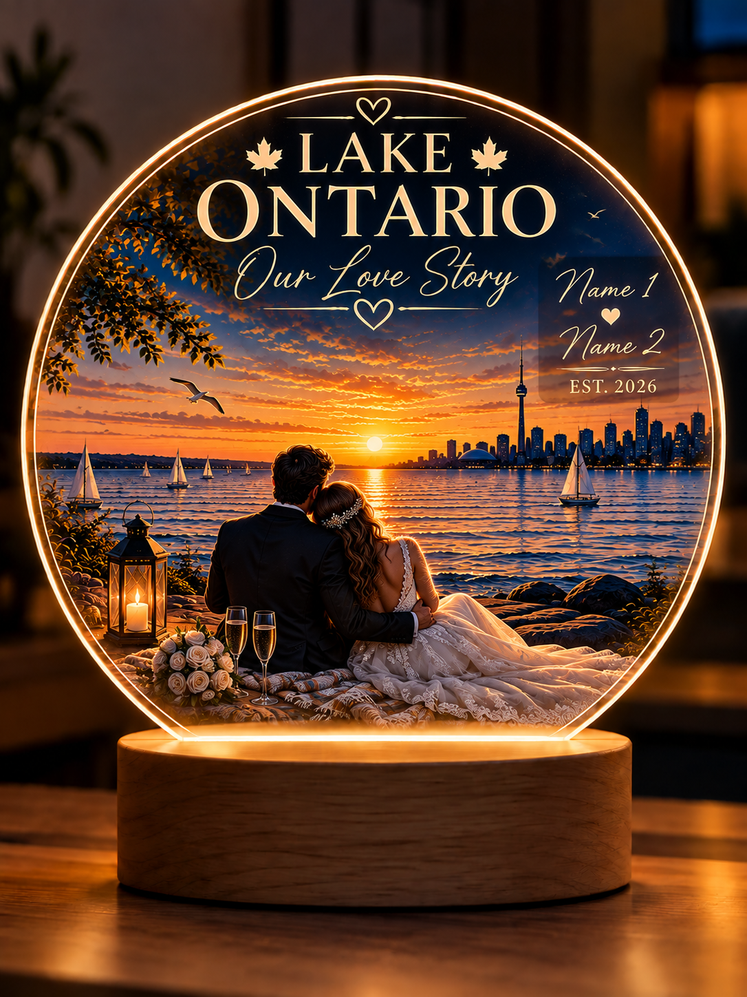 Personalized Lake Ontario Wedding LED Lamp, Custom Couple Names & Date, Wedding Gift, Anniversary Gift, Lake House Decor, Romantic Keepsake