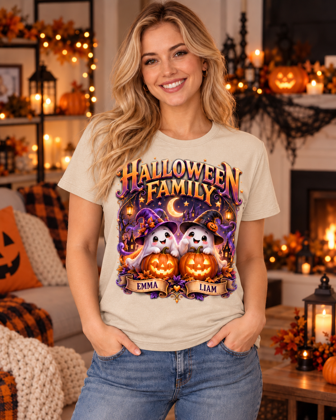 Halloween Family T-Shirt – Personalized Ghosts with Pumpkins (Names: Emma & Liam)
