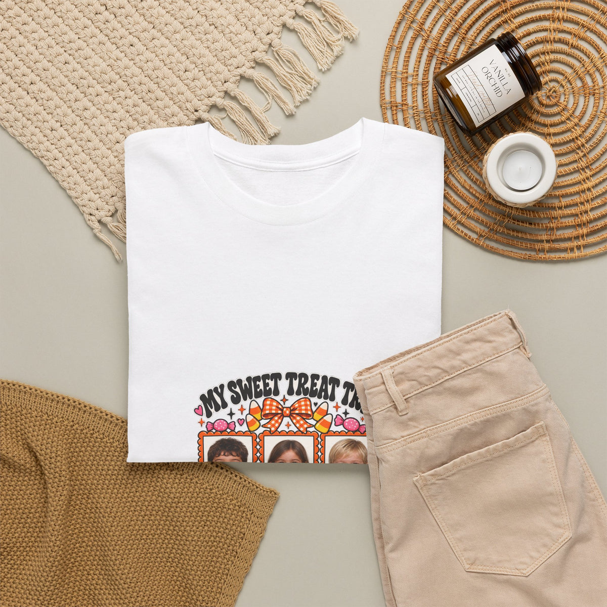 MY SWEET TREAT TRIO – Personalized Halloween Mom Photo T-Shirt – 3 Kids Photos & Names