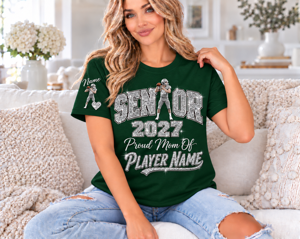 Personalized Senior Mom 2027 T-Shirt — Quarterback Photo & Sleeve Heart