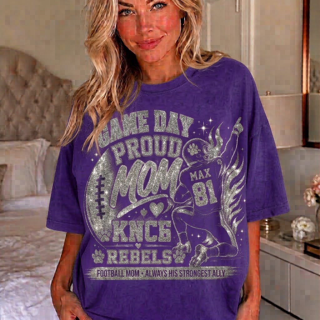 Personalized Football Mom Shirt, Custom Game Day Mom Tee, Player Name Number Team, Glitter Effect Football Mom Gift