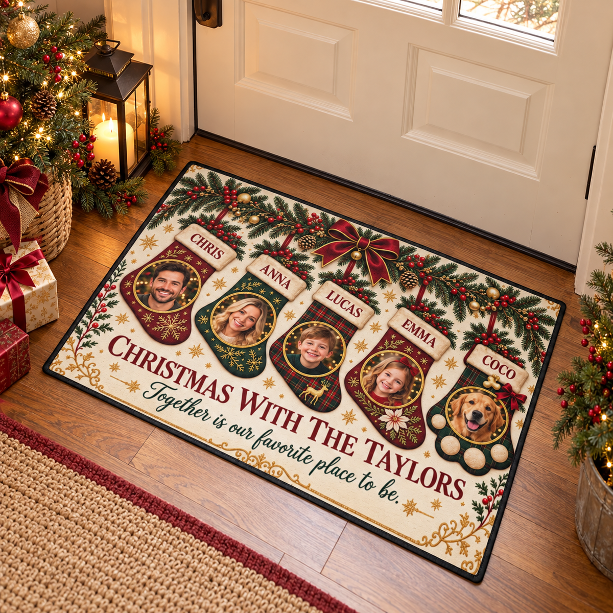 Christmas entryway mockup. Example family and dog photos; printed glitter and embroidery effects.