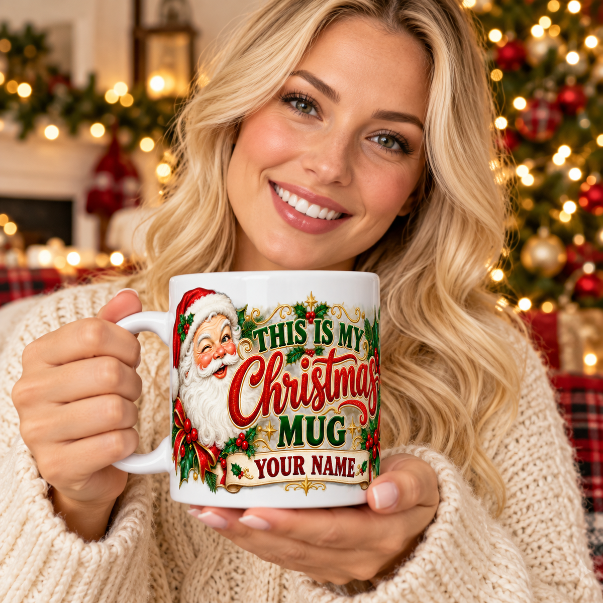 Blonde woman holding personalized Classic Santa Christmas mug — example name