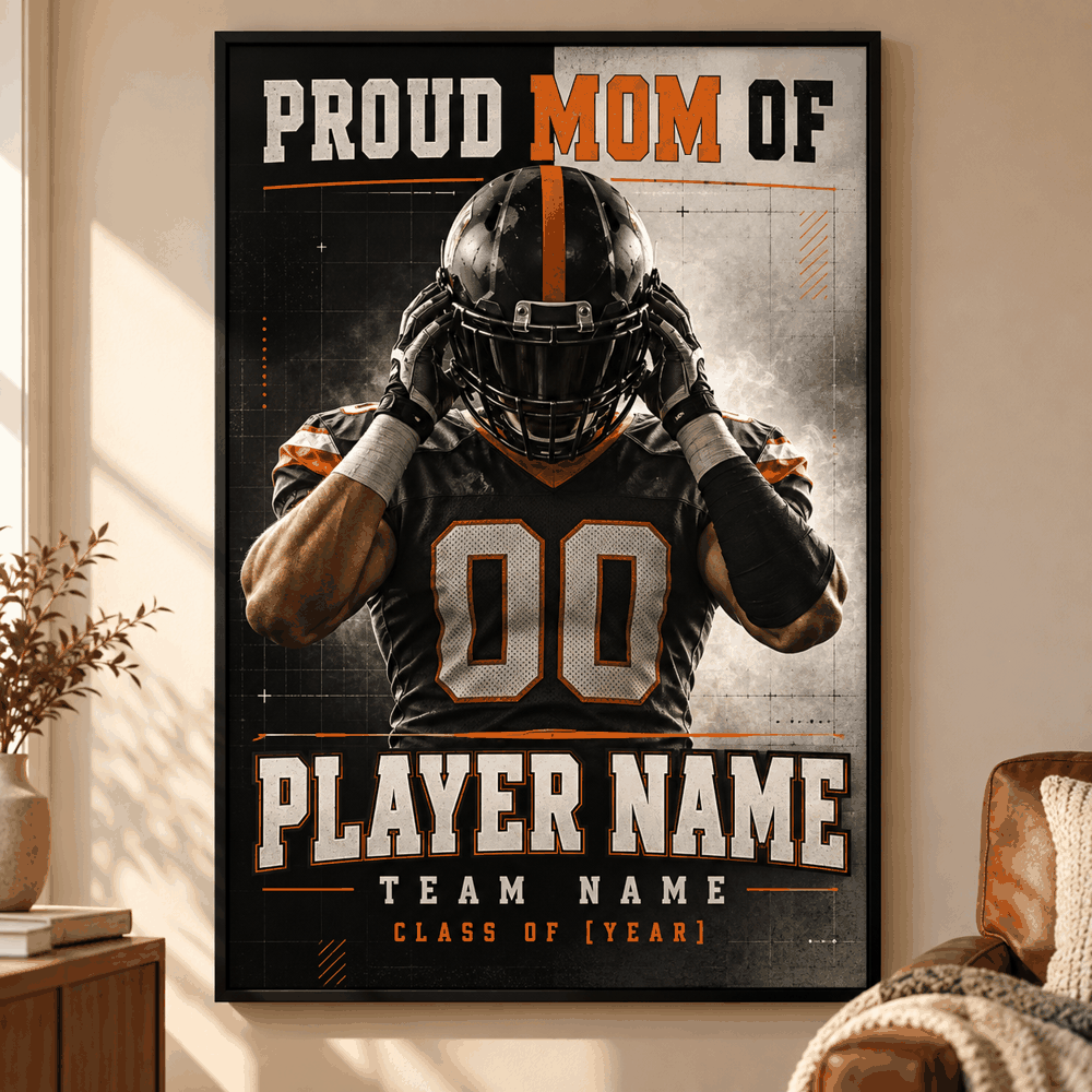 Proud Mom football framed poster – Orange Helmet Portrait lifestyle preview