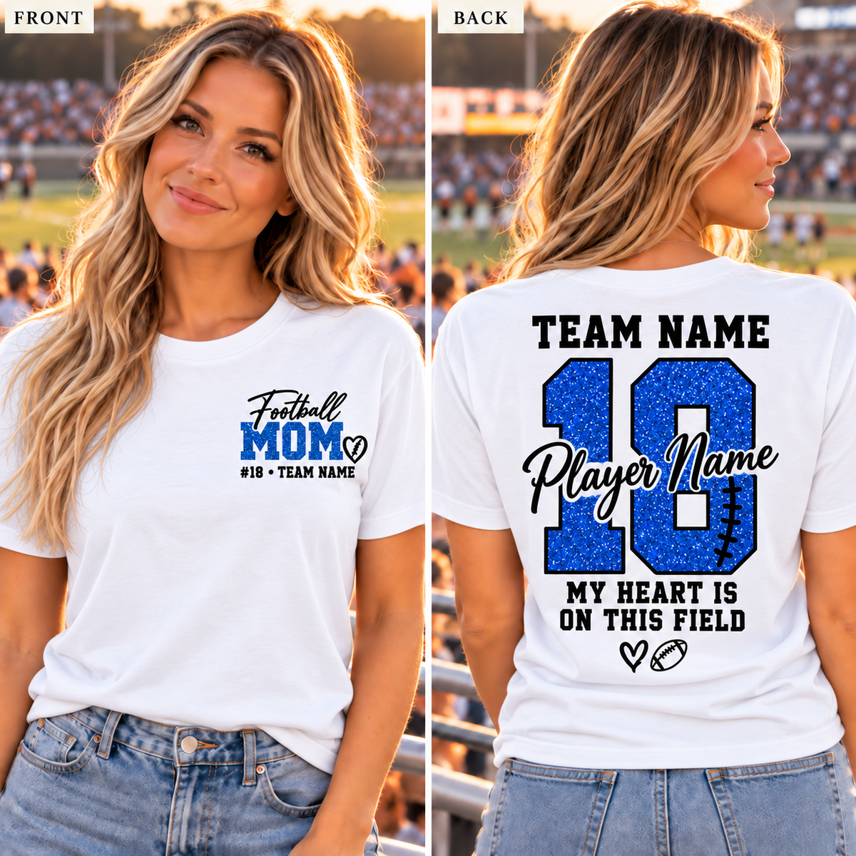 White blue personalized football mom shirt front and back