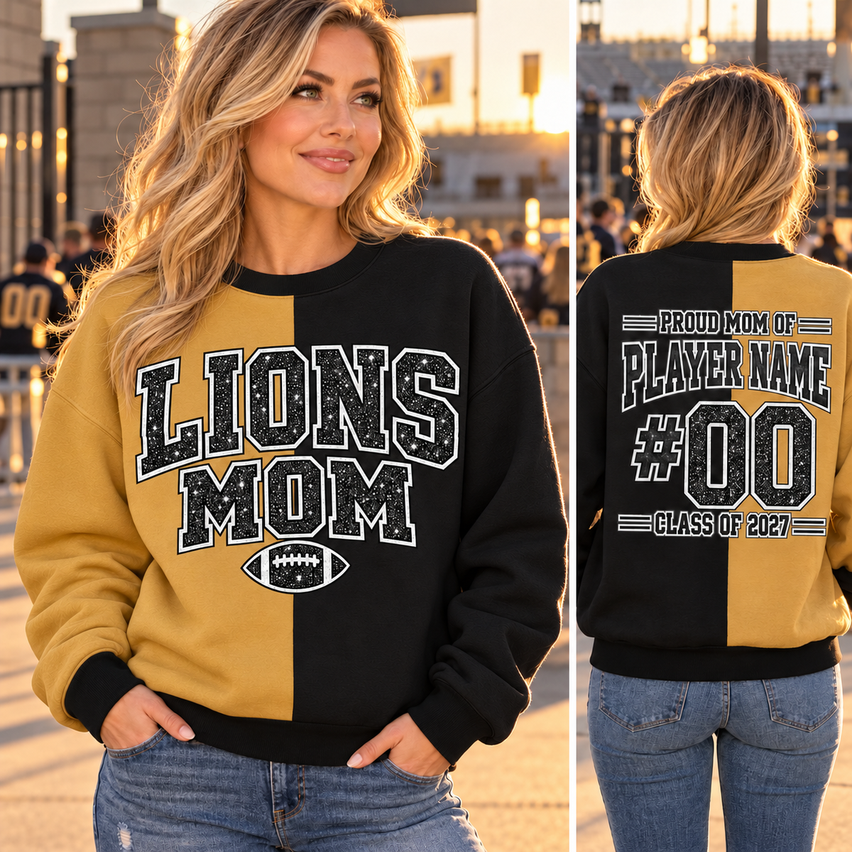 LIONS MOM black and gold sweatshirt game day front and personalized back — alternate color sold separately