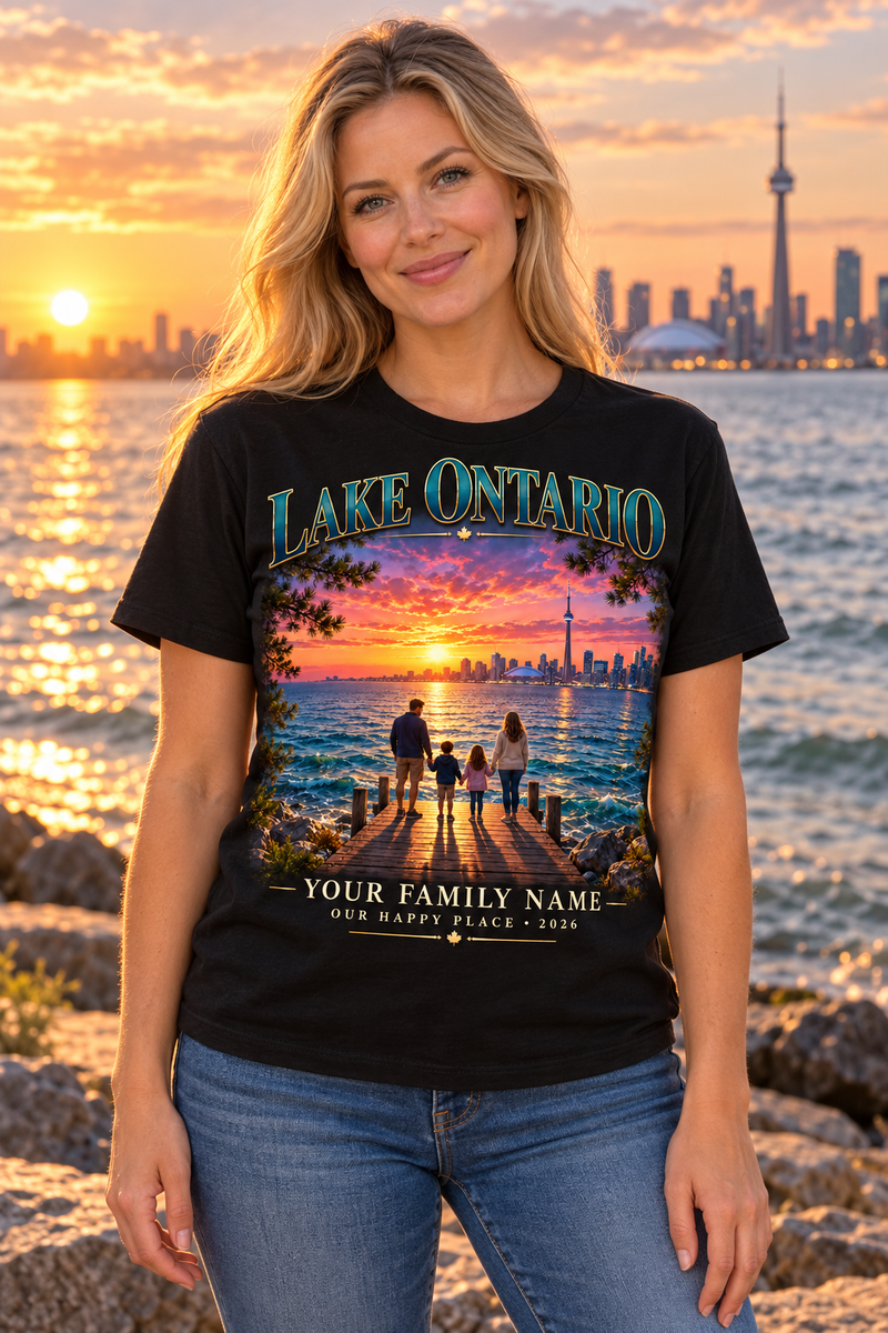 Personalized Lake Ontario family T-shirt worn by a blonde woman by the lake at sunset — illustrative lifestyle mockup