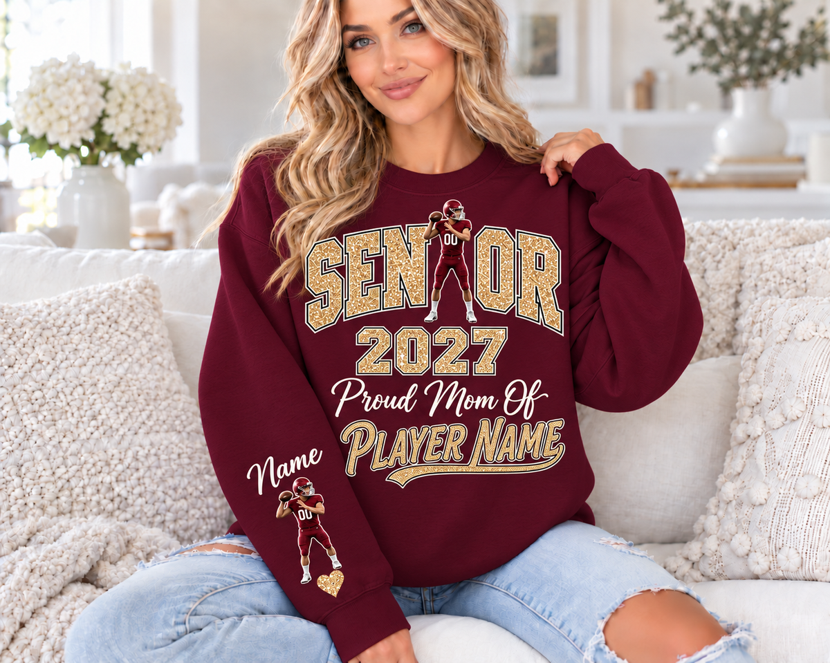 Concept mockup: Burgundy sweatshirt with champagne printed glitter. Burgundy is not yet in available color selector.