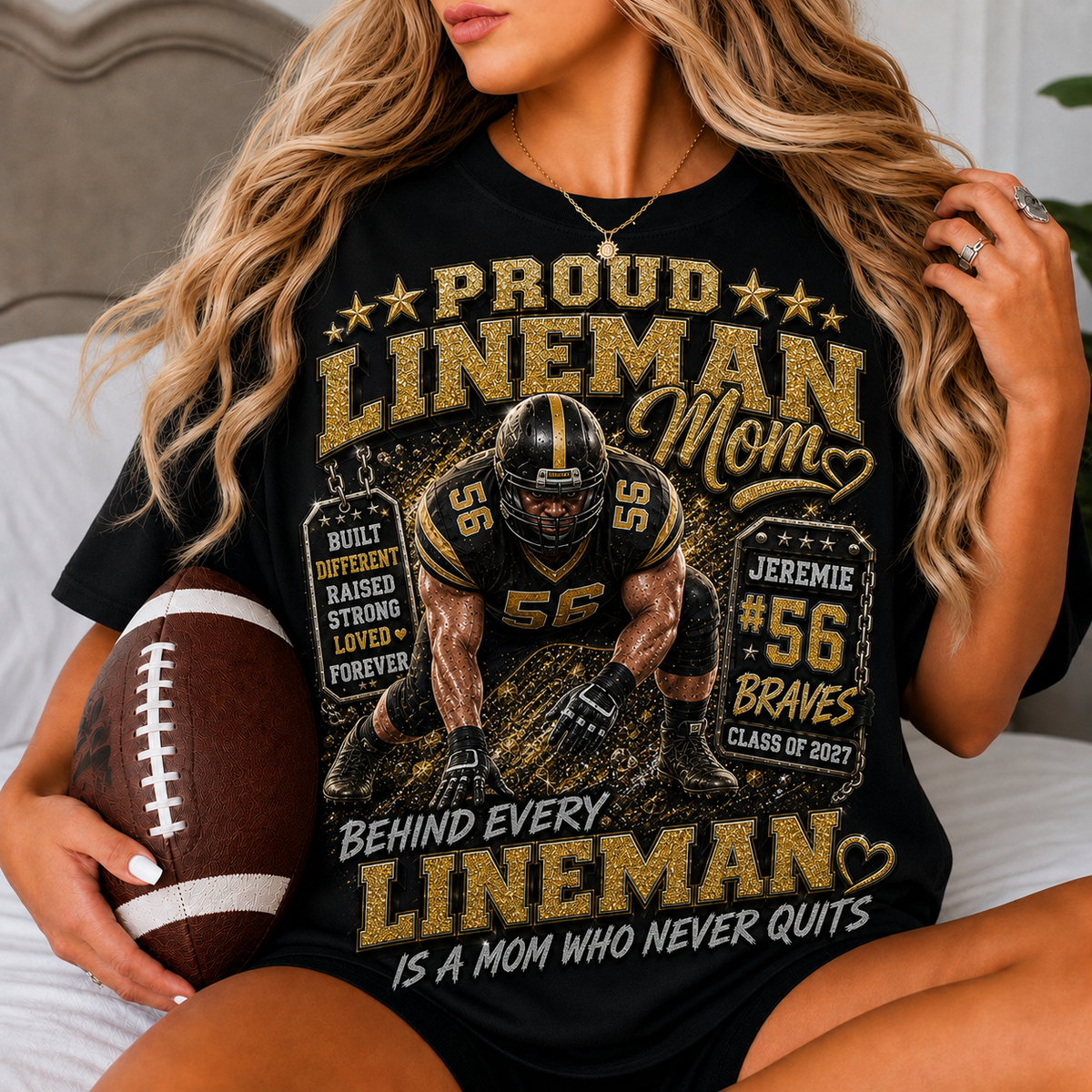 Personalized Football Mom Shirt, Proud Lineman Mom Tee, Custom Player Name Number Team, Senior 2027 Game Day Glitter Effect