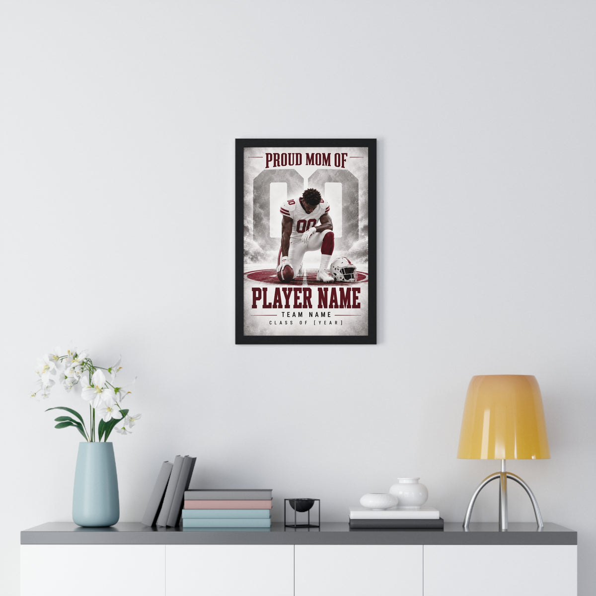 Personalized Proud Mom Football Framed Photo Poster – Burgundy Kneeling Player – Custom Name, Team & Graduation Year