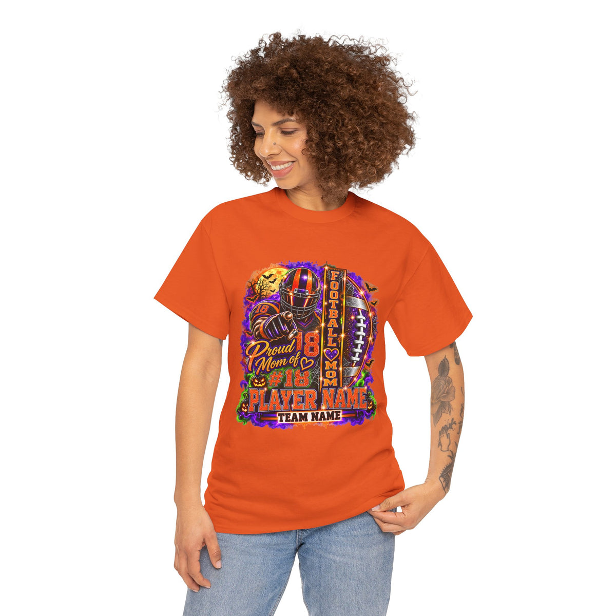Personalized Halloween Football Mom Shirt, Proud Mom of Player, Custom Player Name Team Name Number, Glitter Effect Game Day Mom Tee
