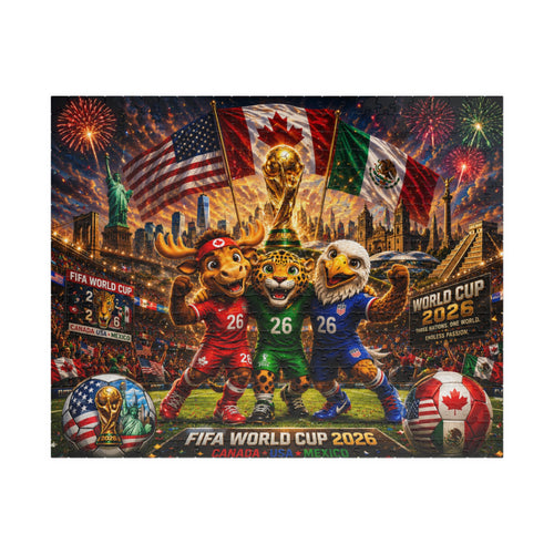 FIFA World Cup 2026 Soccer Mascot Jigsaw Puzzle — Canada USA Mexico Stadium Scene (110/252/520/1014 pcs)