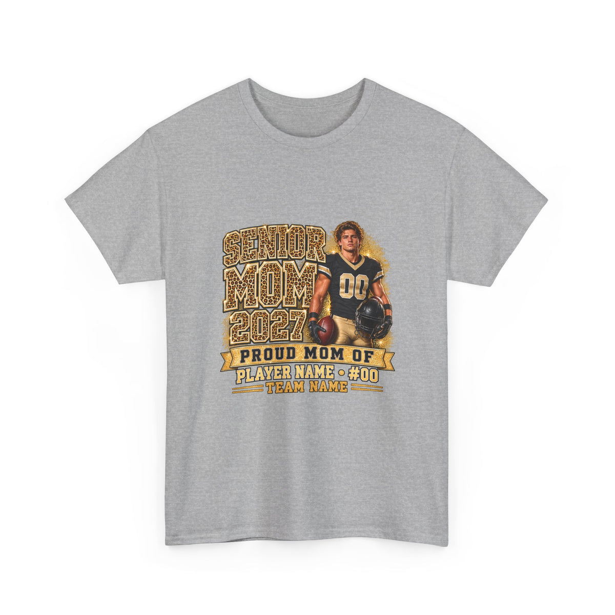 Personalized Senior Mom 2027 Leopard Football Photo Shirt – Gold Glitter Effect, Proud Mom of, Custom Player Name Number & Team