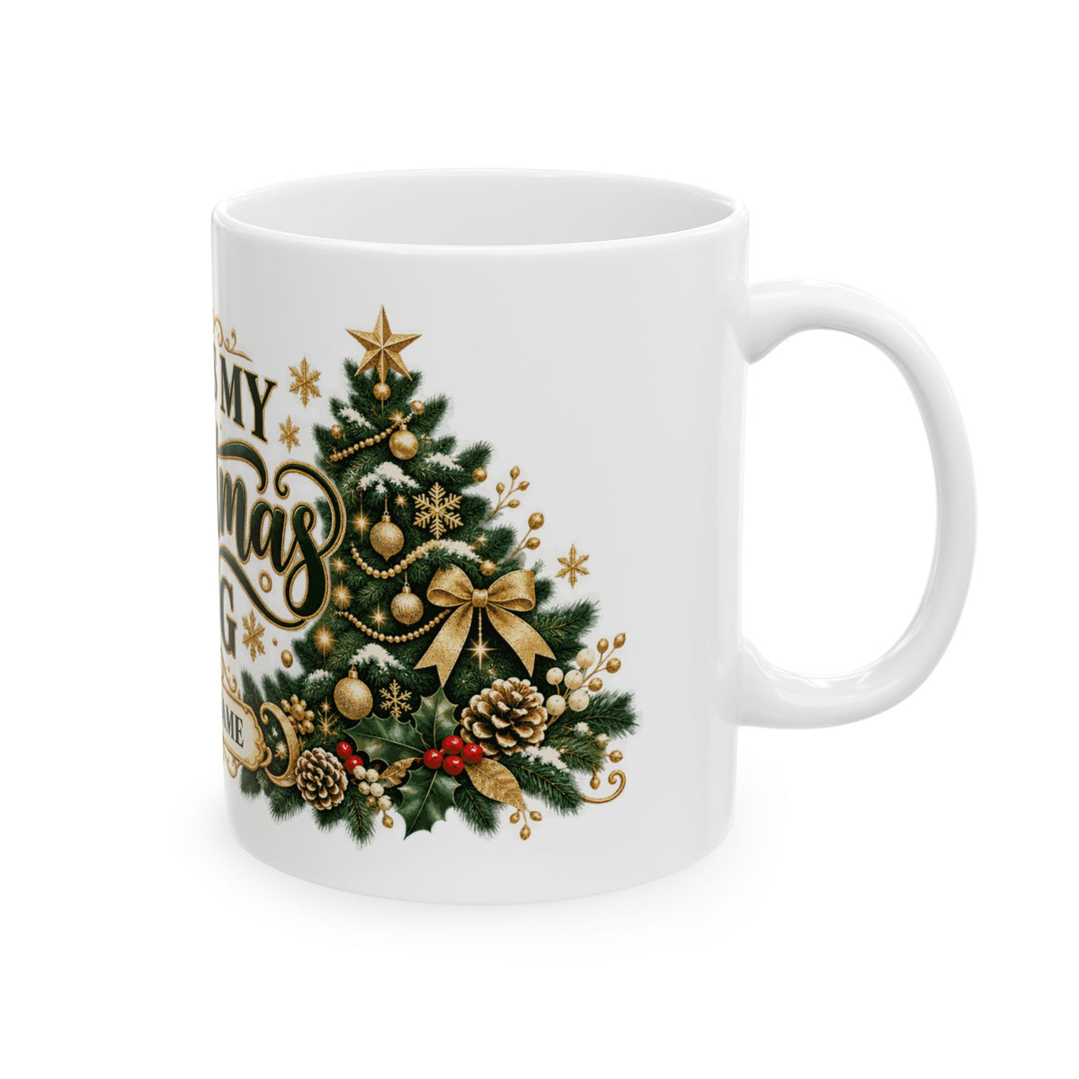 Personalized This Is My Christmas Mug — Elegant Green and Gold Trees