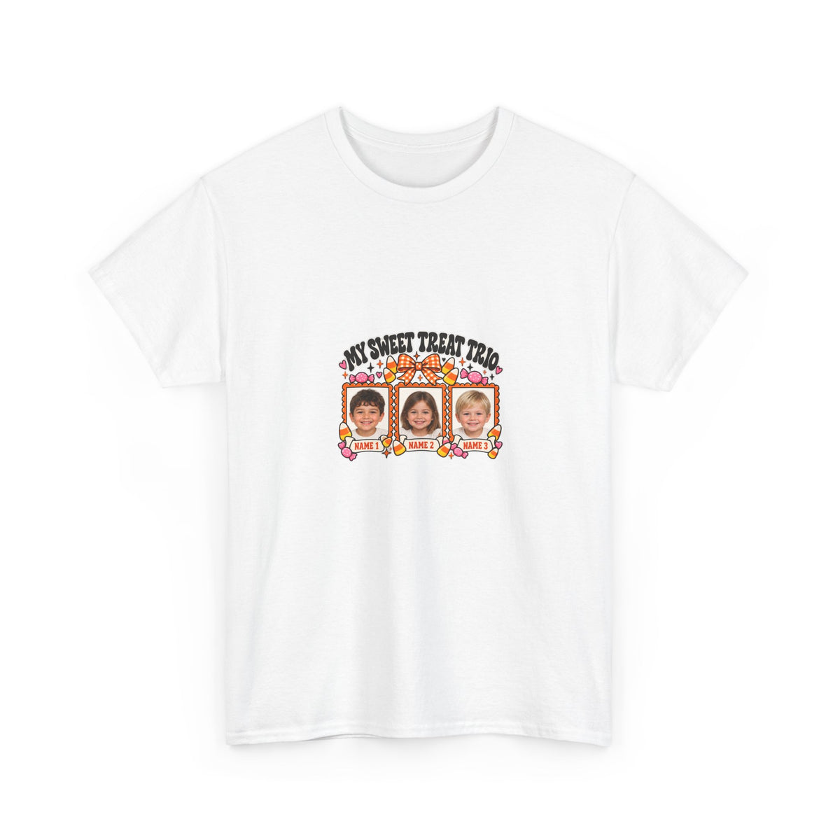 MY SWEET TREAT TRIO – Personalized Halloween Mom Photo T-Shirt – 3 Kids Photos & Names