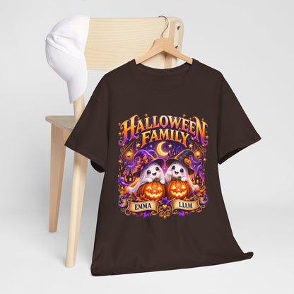 Halloween Family T-Shirt – Personalized Ghosts with Pumpkins (Names: Emma & Liam)