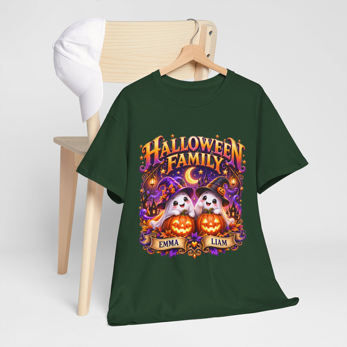 Halloween Family T-Shirt – Personalized Ghosts with Pumpkins (Names: Emma & Liam)