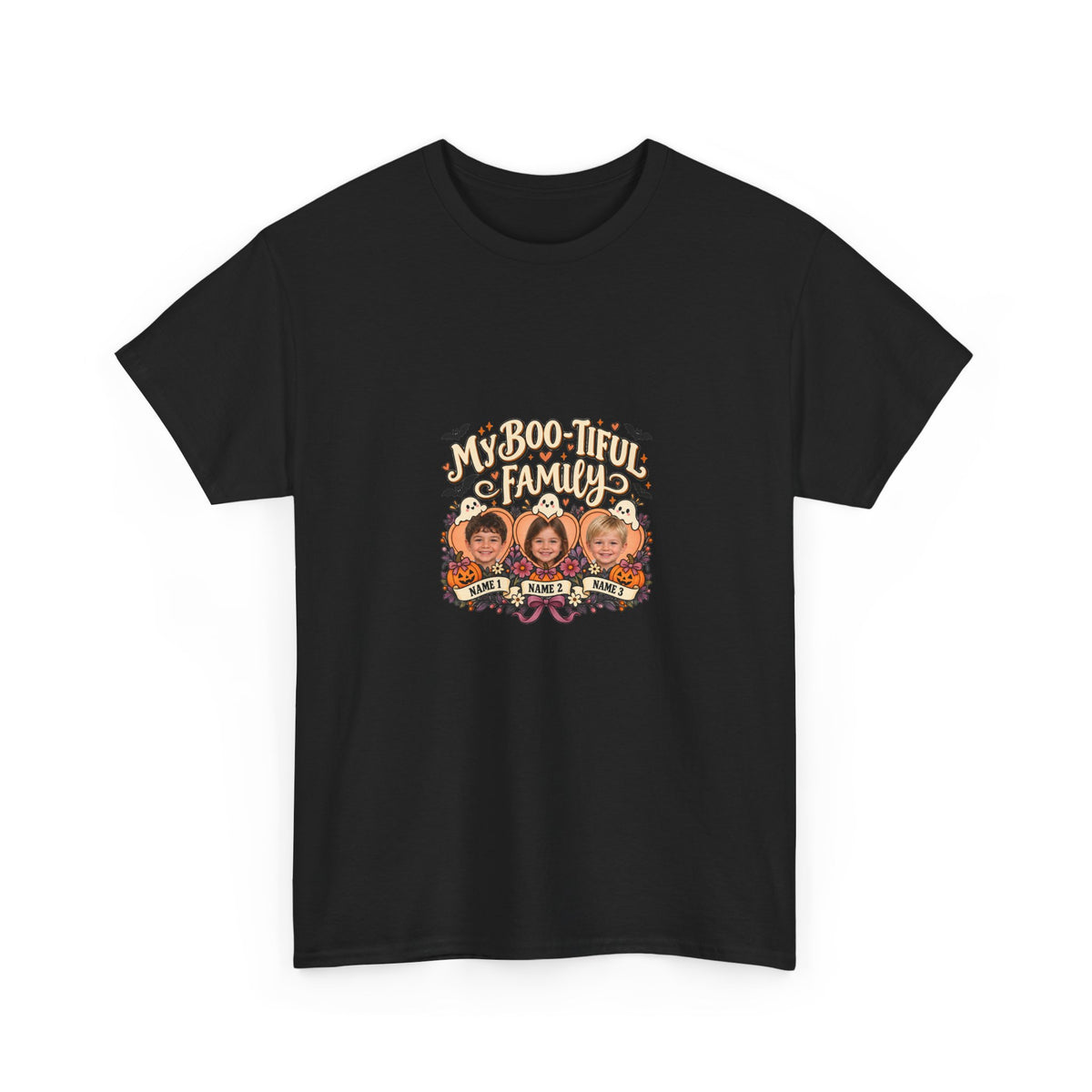 MY BOO-TIFUL FAMILY – Personalized Halloween Mom Photo T-Shirt – 3 Kids Photos & Names