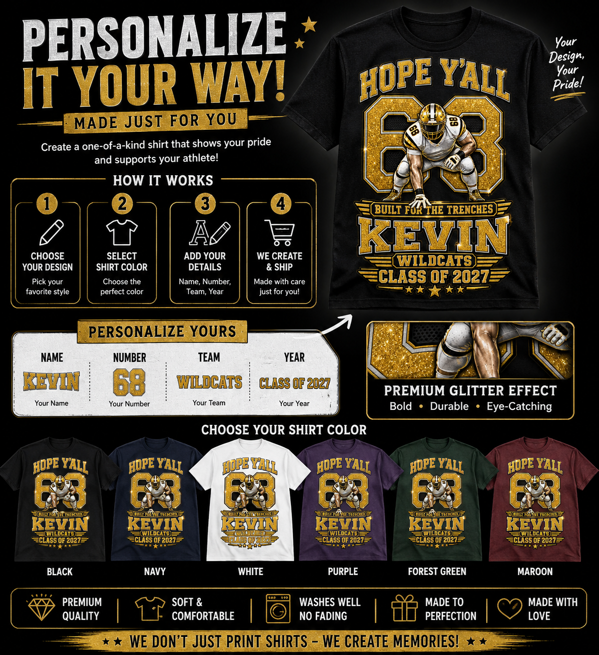 Personalized Football Mom Shirt, Custom Player Name Number Tee, Senior 2027 Mom Shirt, Lineman Game Day Shirt, Glitter Effect