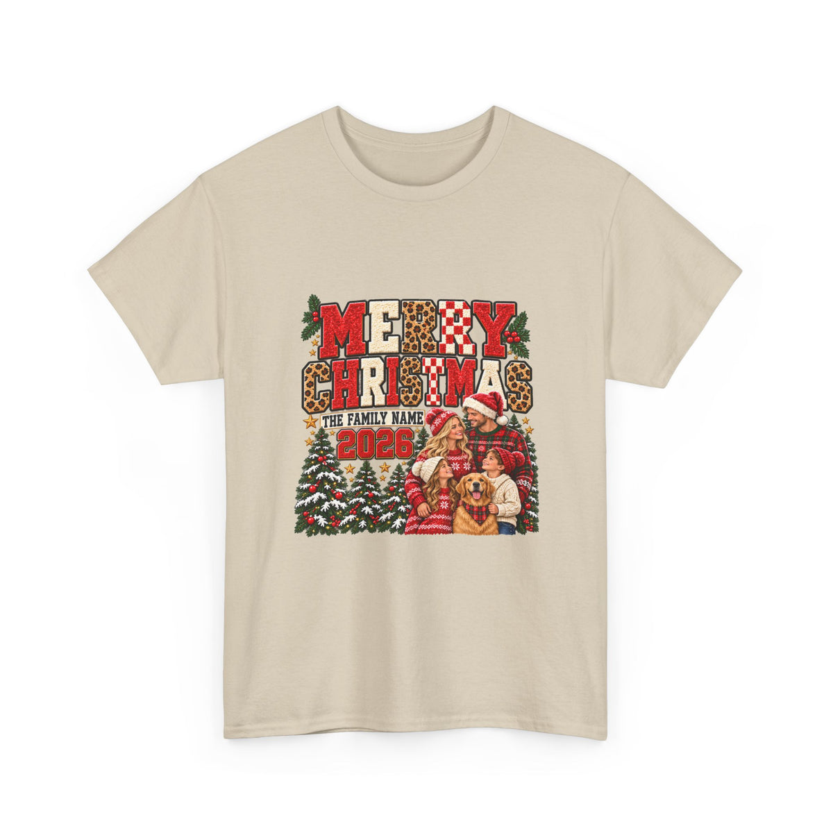 Personalized Merry Christmas Family Photo Shirt — Leopard & Printed Glitter