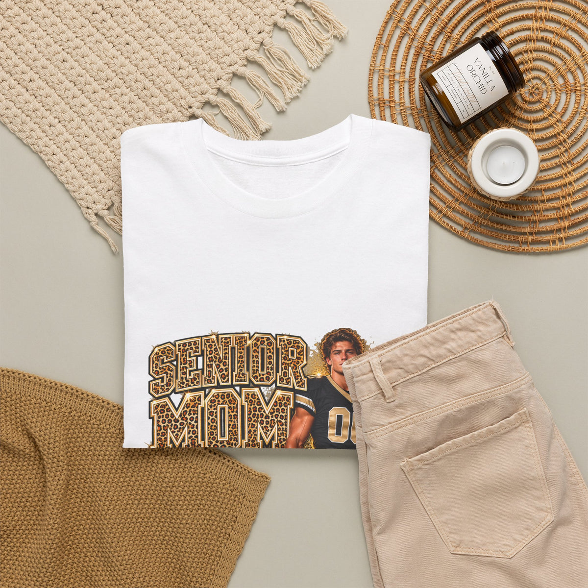Personalized Senior Mom 2027 Leopard Football Photo Shirt – Gold Glitter Effect, Proud Mom of, Custom Player Name Number & Team