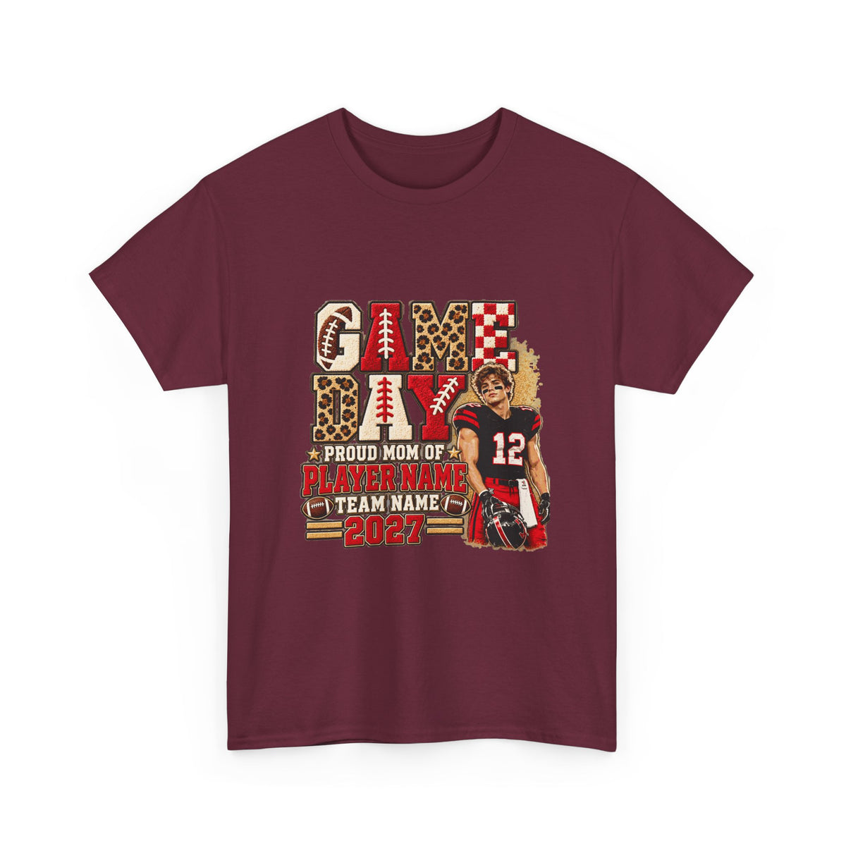 Personalized Game Day Football Mom Photo Shirt – Leopard Chenille Effect, Proud Mom of, Custom Player Name Team 2027