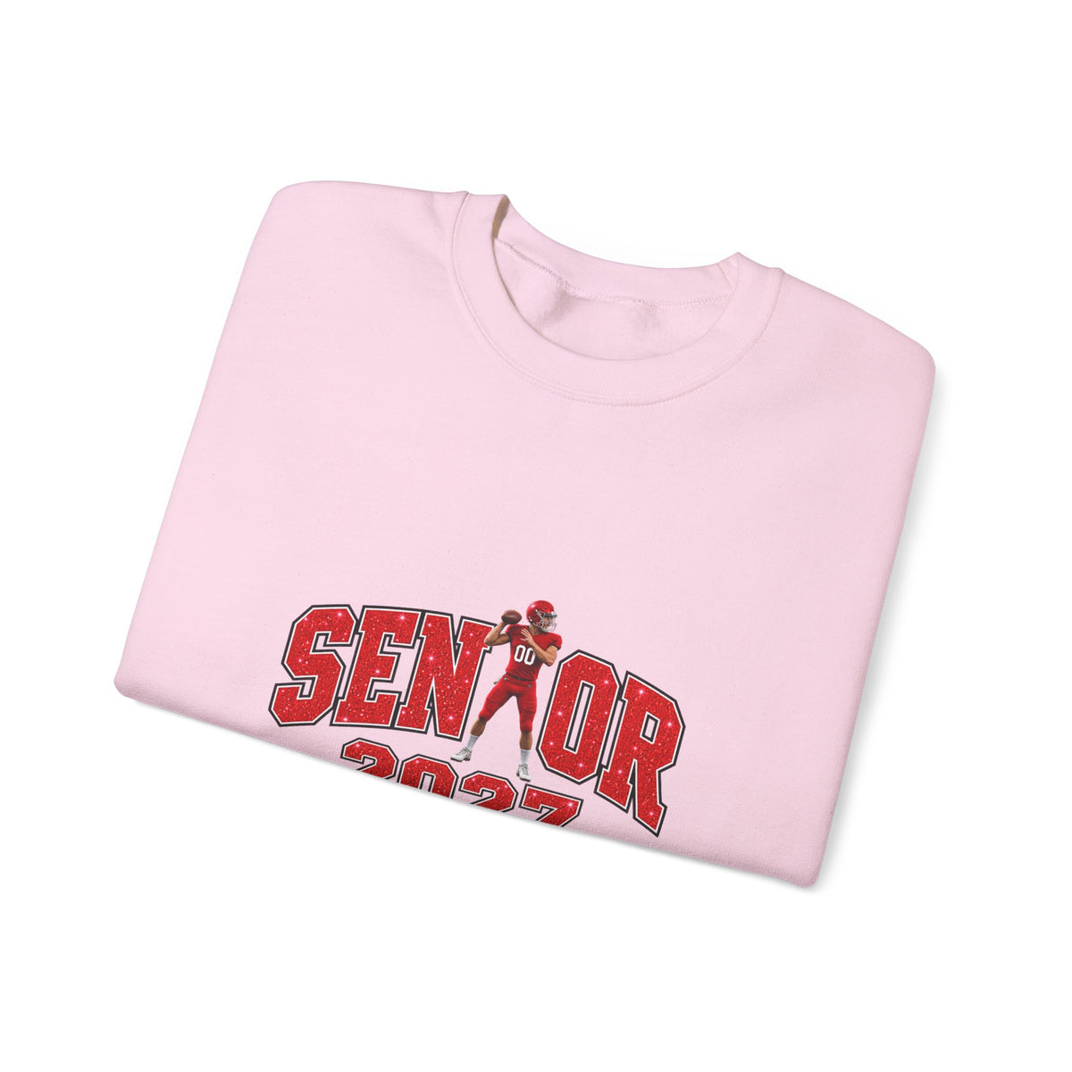 Personalized Senior Mom 2027 Sweatshirt — Quarterback Photo & Sleeve Heart