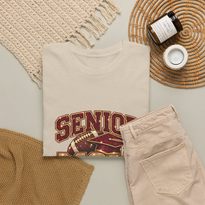 Personalized Senior Mom 2027 Football Shirt – Burgundy Gold Graduation Cap, Custom Player Name Number & Team