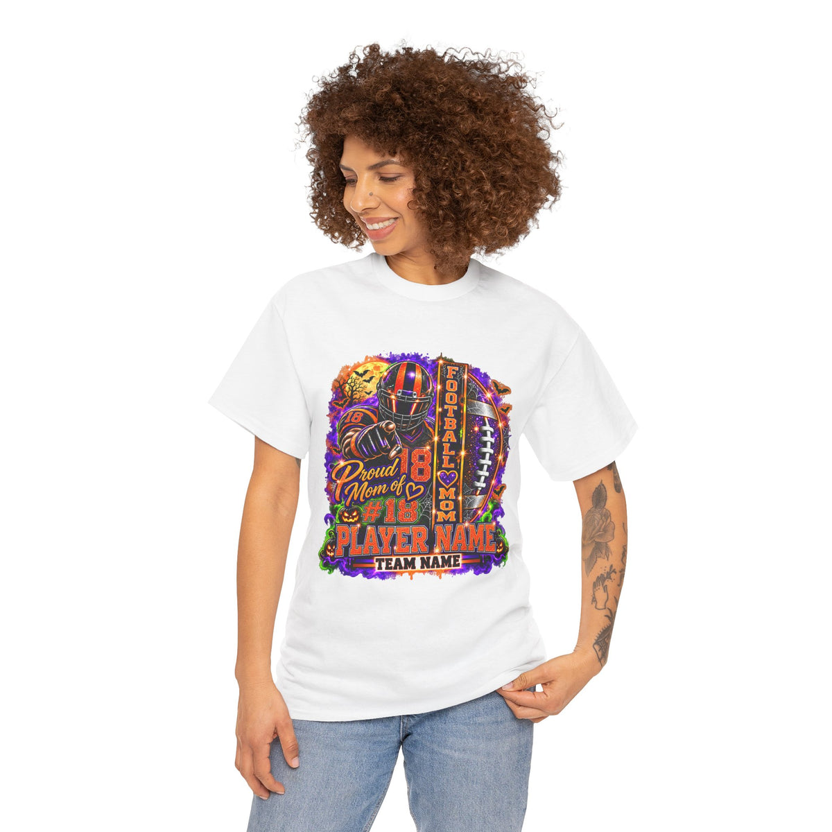Personalized Halloween Football Mom Shirt, Proud Mom of Player, Custom Player Name Team Name Number, Glitter Effect Game Day Mom Tee