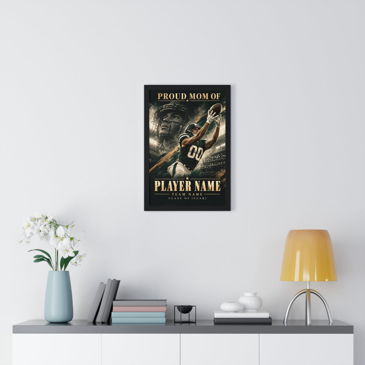 Personalized Proud Mom Football Framed Photo Poster – Green Portrait & Action – Custom Name, Team & Graduation Year