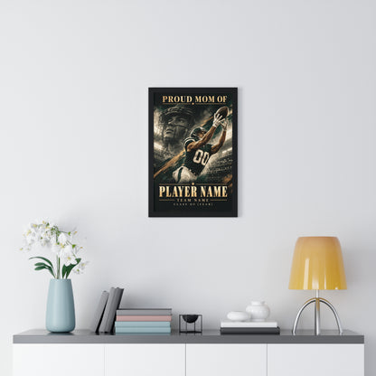 Personalized Proud Mom Football Framed Photo Poster – Green Portrait & Action – Custom Name, Team & Graduation Year