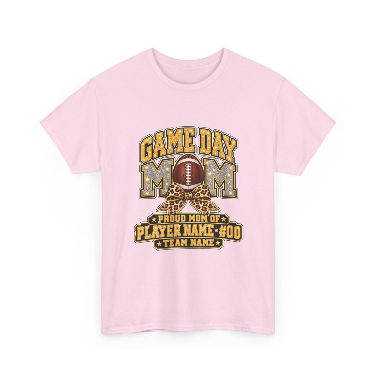 Personalized Game Day Mom Football Shirt – Gold Silver Leopard Bow, Custom Player Name Number & Team