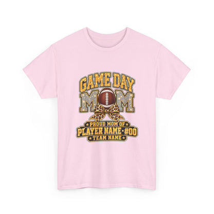 Personalized Game Day Mom Football Shirt – Gold Silver Leopard Bow, Custom Player Name Number & Team