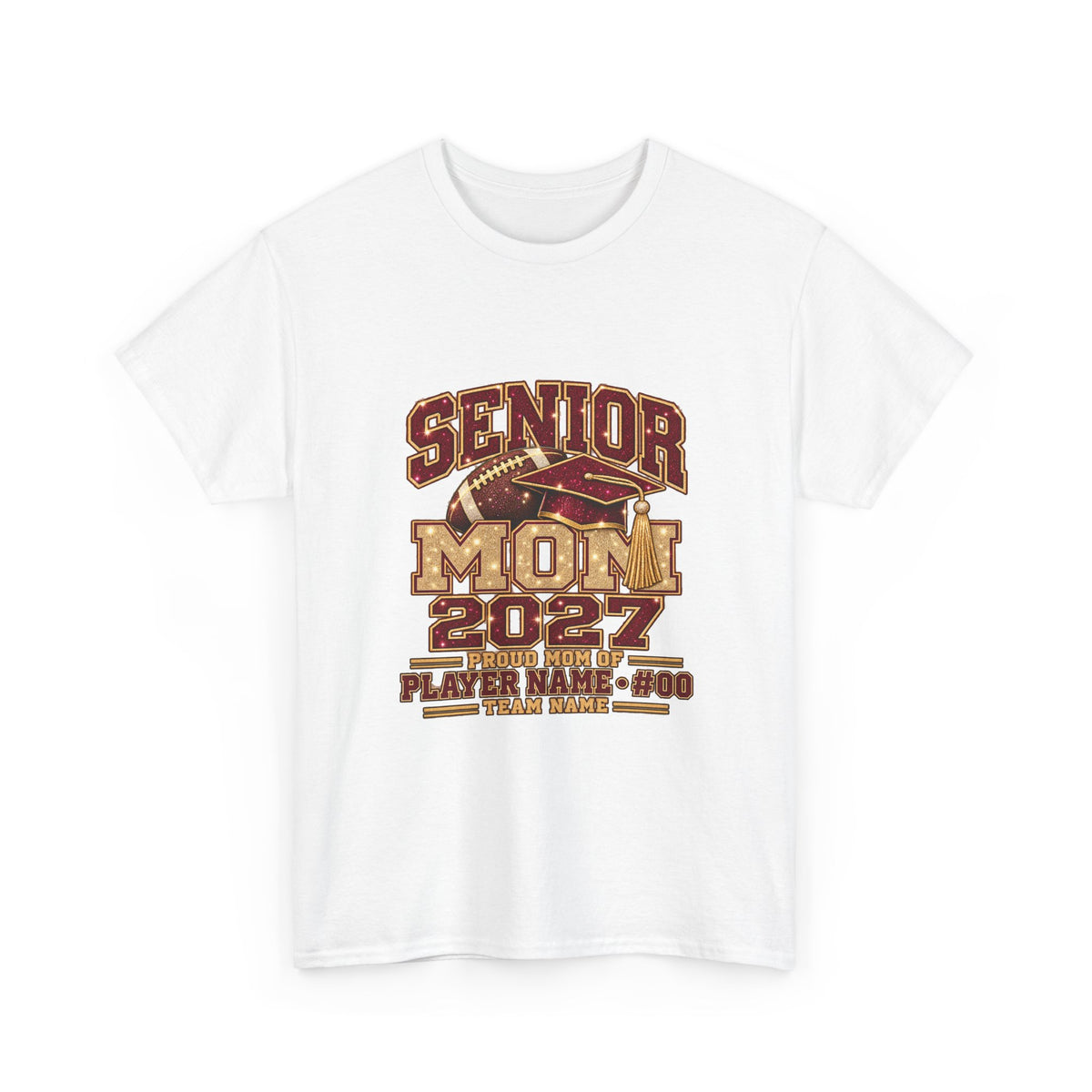Personalized Senior Mom 2027 Football Shirt – Burgundy Gold Graduation Cap, Custom Player Name Number & Team