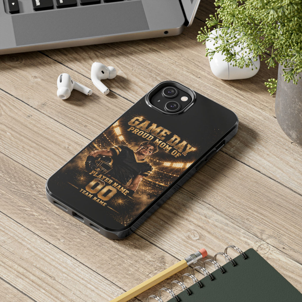 Personalized Game Day Proud Mom Photo Phone Case – Black & Gold