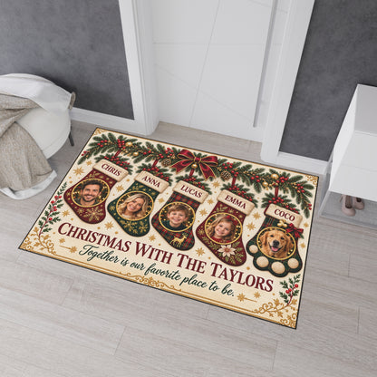 Personalized Christmas Family & Pet Photo Floor Mat — Gold Glitter Effect