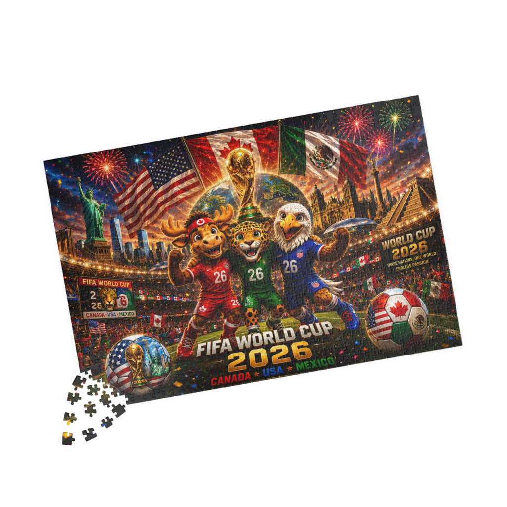 FIFA World Cup 2026 Soccer Mascot Jigsaw Puzzle — Canada USA Mexico Stadium Scene (110/252/520/1014 pcs)