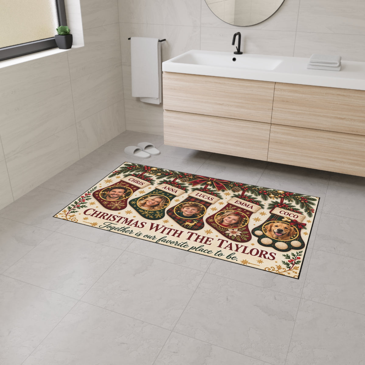 Personalized Christmas Family & Pet Photo Floor Mat — Gold Glitter Effect