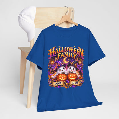 Halloween Family T-Shirt – Personalized Ghosts with Pumpkins (Names: Emma & Liam)