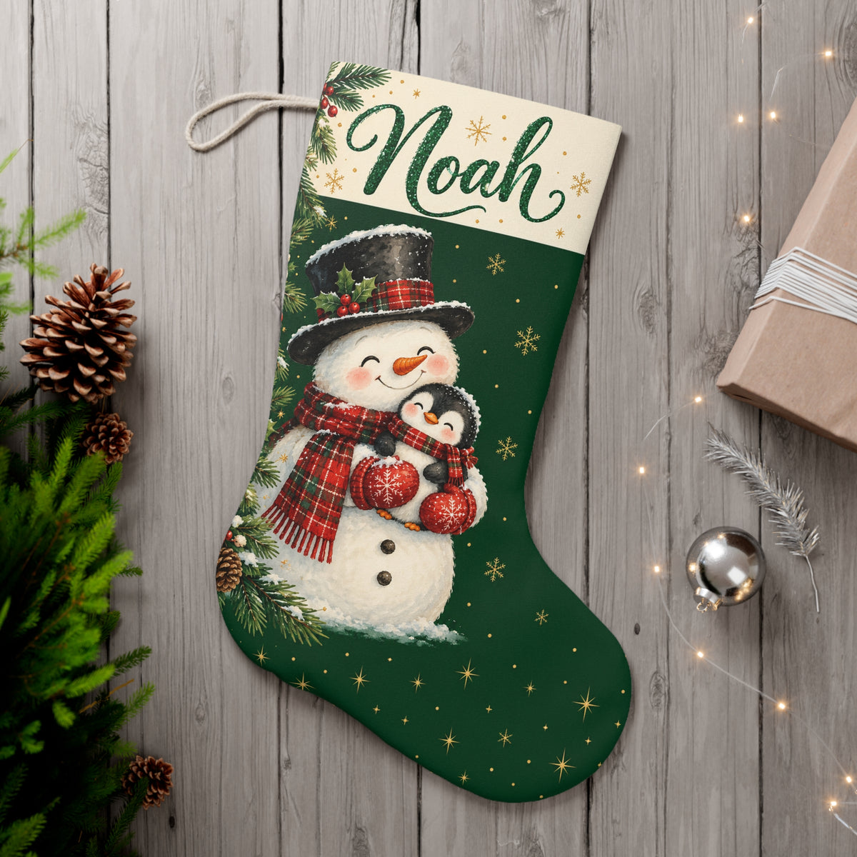 Personalized Snowman Christmas Stocking — Name & Colored Printed Glitter