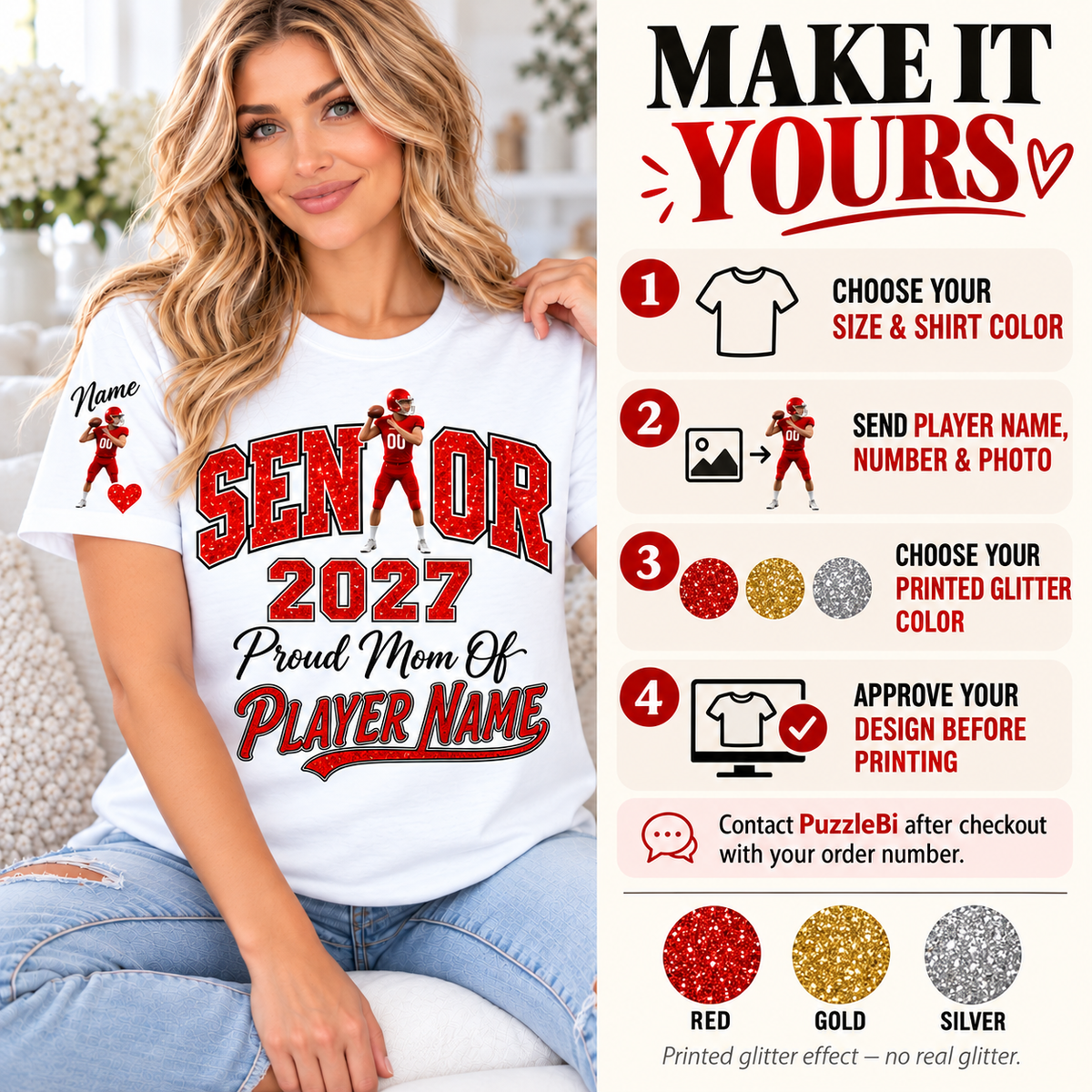 How to personalize your Senior Mom 2027 T-shirt: name, player photo and printed glitter color