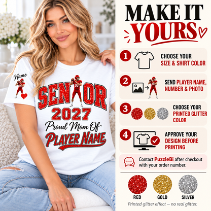 How to personalize your Senior Mom 2027 T-shirt: name, player photo and printed glitter color