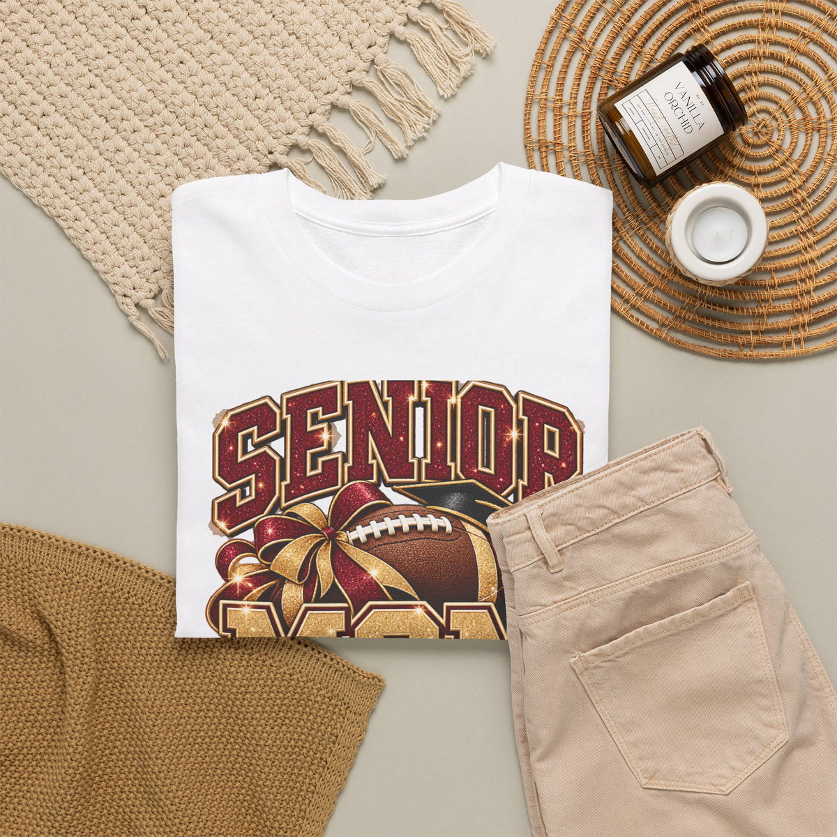 Personalized Senior Mom 2027 Football Shirt – Burgundy Gold Bow, Custom Player Name Number & Team