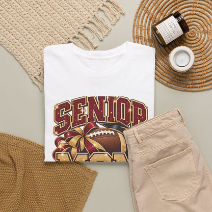 Personalized Senior Mom 2027 Football Shirt – Burgundy Gold Bow, Custom Player Name Number & Team